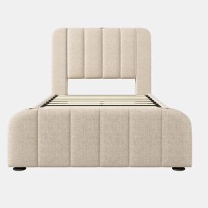 Cama individual estofada 90x200 cm - cabeceira acolchoada com franjas douradas, 4 gavetas e carregador USB tipo C, estrado e colchão incluídos - linho bege