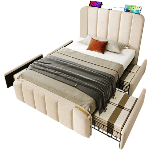 Cama individual estofada 90x200 cm - cabeceira acolchoada com franjas douradas, 4 gavetas e carregador USB tipo C, estrado e colchão incluídos - linho bege