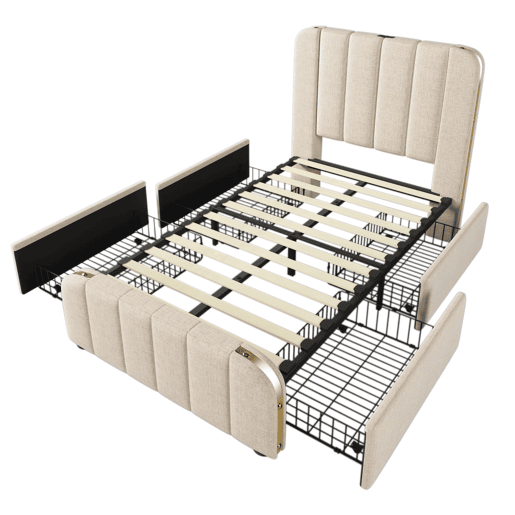Cama individual estofada 90x200 cm - cabeceira acolchoada com franjas douradas, 4 gavetas e carregador USB tipo C, estrado e colchão incluídos - linho bege