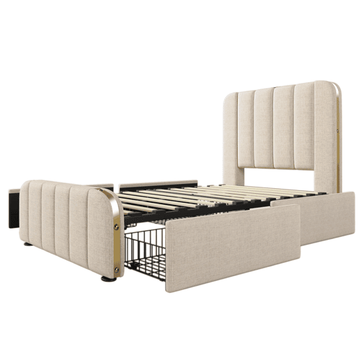 Cama individual estofada 90x200 cm - cabeceira acolchoada com franjas douradas, 4 gavetas e carregador USB tipo C, estrado e colchão incluídos - linho bege