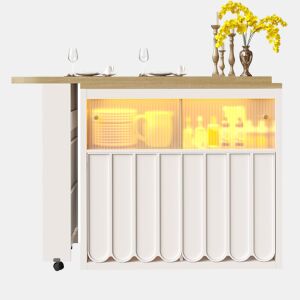 Mesa de bar extensível 135-205x39x100 cm - Mesa de bar moderna com LED, portas com riscas, branca