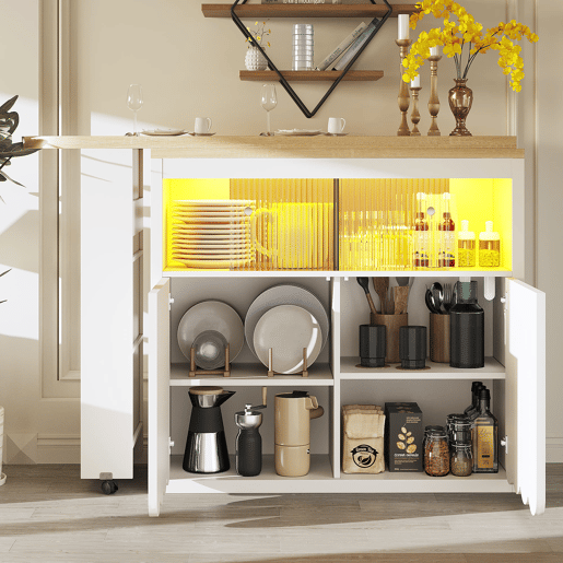 Mesa de bar extensÃvel 135-205x39x100 cm - Mesa de bar moderna com LED, portas com riscas, branca Mesa de bar extensÃvel 135-205x39x100 cm - Mesa de bar moderna com LED, portas com riscas, branca