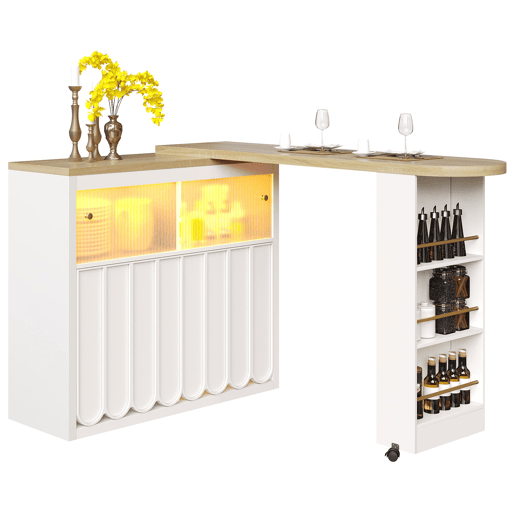 Mesa de bar extensÃvel 135-205x39x100 cm - Mesa de bar moderna com LED, portas com riscas, branca Mesa de bar extensÃvel 135-205x39x100 cm - Mesa de bar moderna com LED, portas com riscas, branca