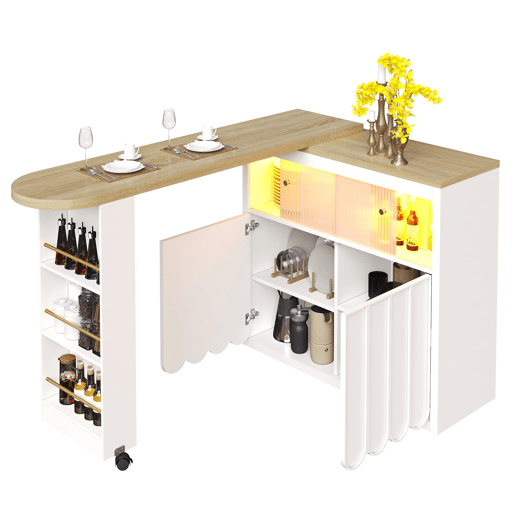Mesa de bar extensÃvel 135-205x39x100 cm - Mesa de bar moderna com LED, portas com riscas, branca Mesa de bar extensÃvel 135-205x39x100 cm - Mesa de bar moderna com LED, portas com riscas, branca