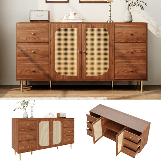 Aparador de mdf com 2 portas e 6 gavetas,natural
