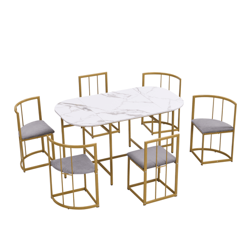 Conjunto de 1 mesa e 6 cadeiras de jantar de mdf,branco+dourado Conjunto de 1 mesa e 6 cadeiras de jantar de mdf,branco+dourado