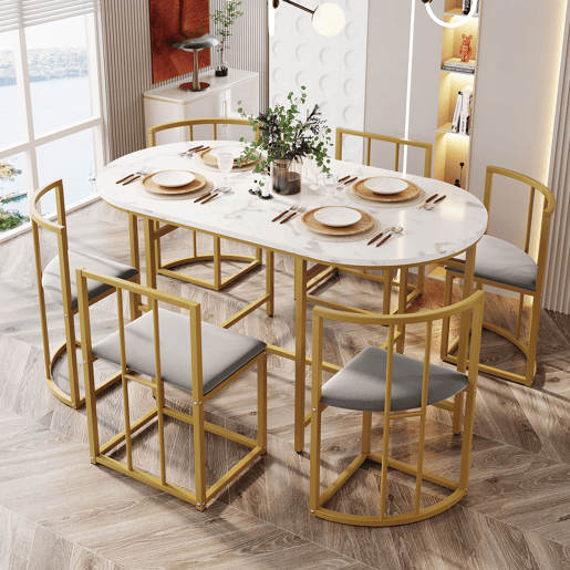 Conjunto de 1 mesa e 6 cadeiras de jantar de mdf,branco+dourado Conjunto de 1 mesa e 6 cadeiras de jantar de mdf,branco+dourado