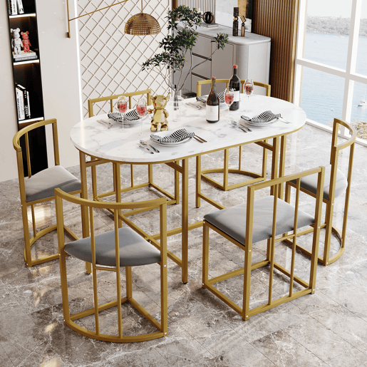 Conjunto de 1 mesa e 6 cadeiras de jantar de mdf,branco+dourado Conjunto de 1 mesa e 6 cadeiras de jantar de mdf,branco+dourado