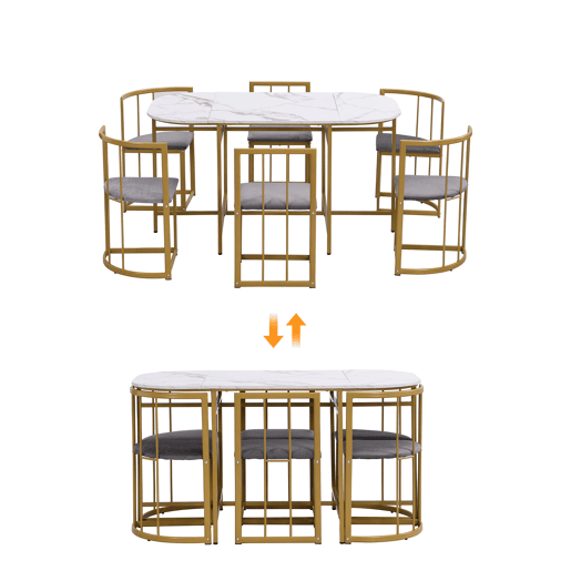 Conjunto de 1 mesa e 6 cadeiras de jantar de mdf,branco+dourado Conjunto de 1 mesa e 6 cadeiras de jantar de mdf,branco+dourado