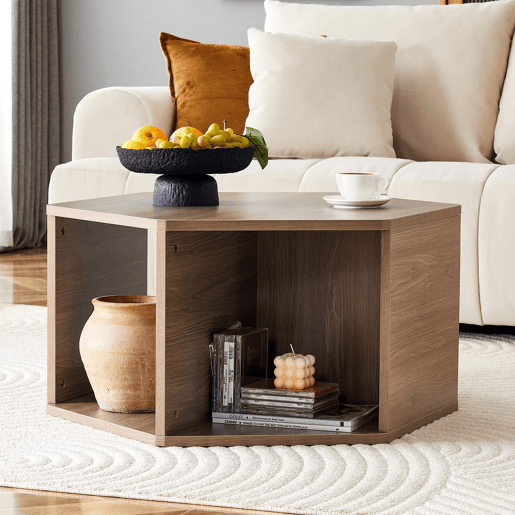 Mesa de centro hexagonal 79x69,4x40 cm - Multifuncional, moderna, fácil montagem - Castanho