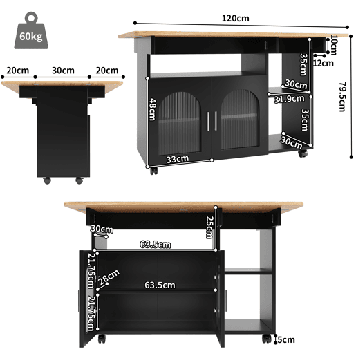 Carrinho de cozinha de mdf com 2 portas,preto