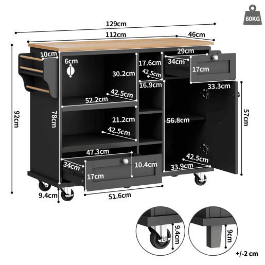 Carrinho de cozinha de mdf com 1 porta e 2 gavetas,preto