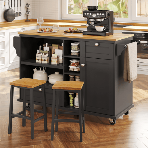 Carrinho de cozinha de mdf com 1 porta e 2 gavetas,preto
