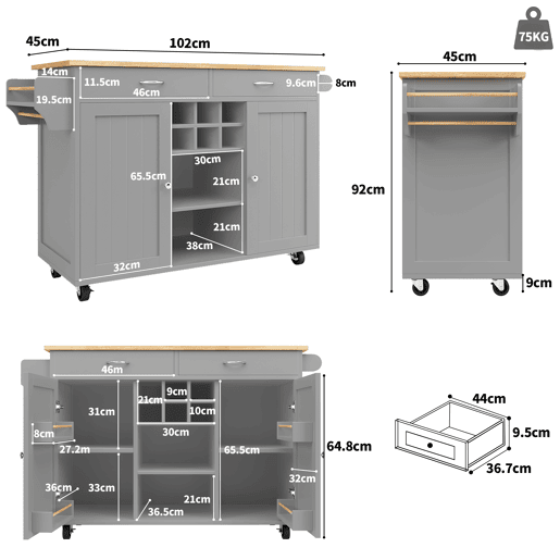 Carrinho de cozinha de mdf com 2 portas e 2 gavetas,cinza