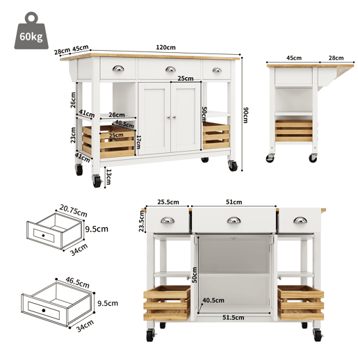 Carrinho de cozinha de mdf com 2 portas e 3 gavetas,branco