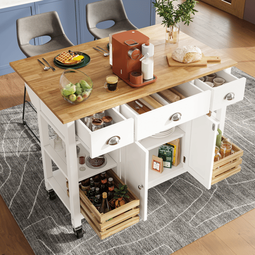 Carrinho de cozinha de mdf com 2 portas e 3 gavetas,branco