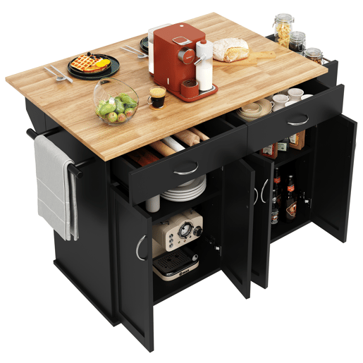 Carrinho de cozinha de mdf com 4 portas e 2 gavetas,preto