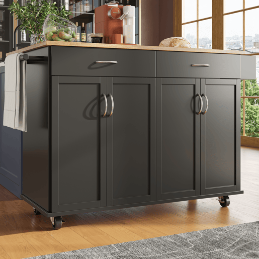 Carrinho de cozinha de mdf com 4 portas e 2 gavetas,preto