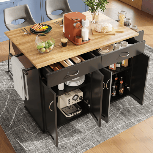 Carrinho de cozinha de mdf com 4 portas e 2 gavetas,preto