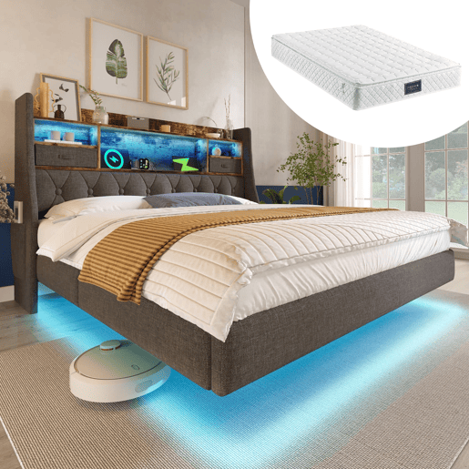 Cama de casal estofada 160x200 cm - cama suspensa com LED, cabeceira com arrumação e estação de carregamento, estrado e colchão incluídos - linho cinzento