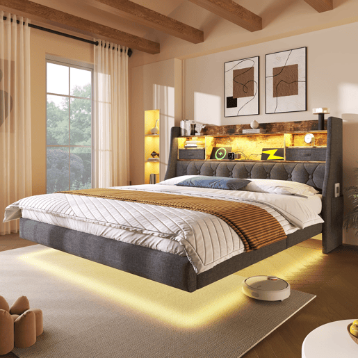 Cama de casal estofada 160x200 cm - cama suspensa com LED, cabeceira com arrumação e estação de carregamento, estrado e colchão incluídos - linho cinzento