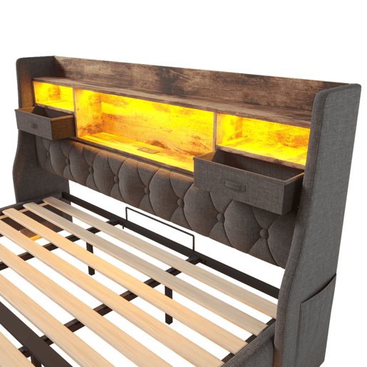 Cama de casal estofada 180x200 cm - cama suspensa com LED, cabeceira com arrumação e estação de carregamento, estrado incluído, sem colchão - linho cinzento