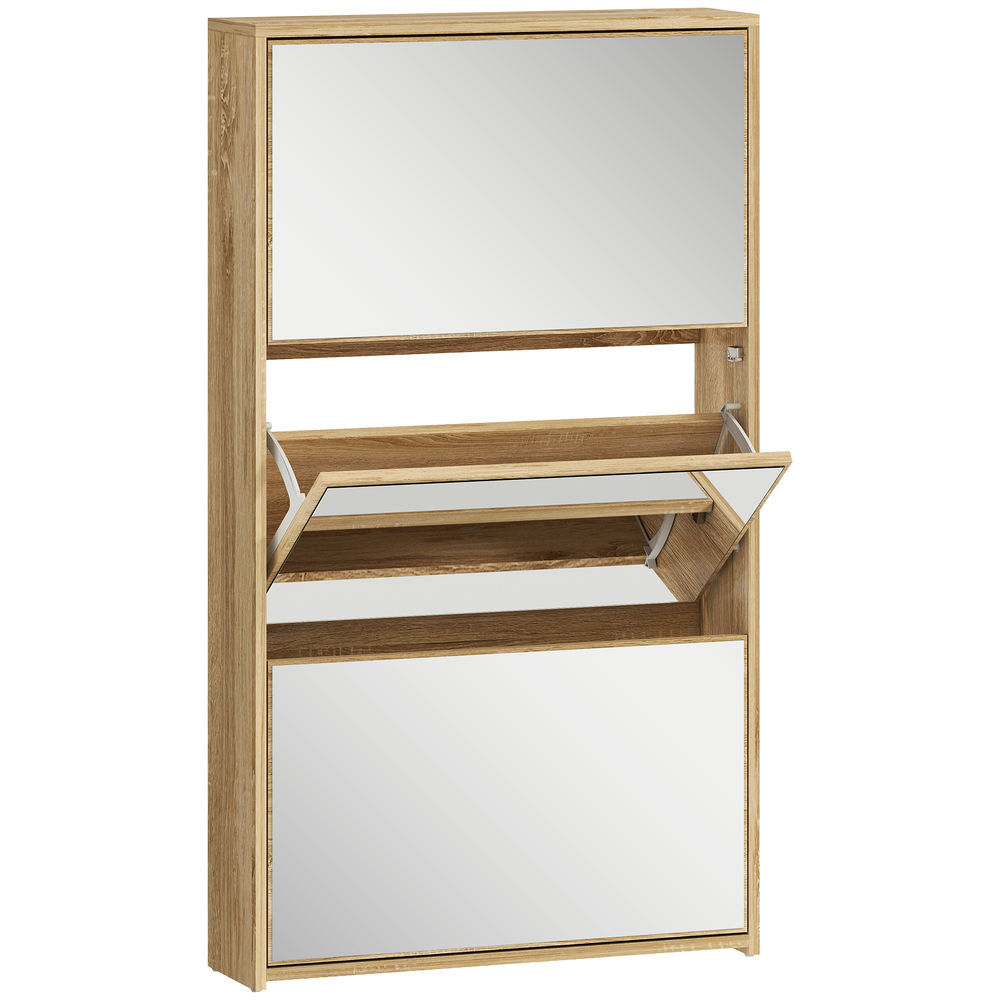 Homcom zapatero estrecho 3 puertas con espejo, zapatero entrada recibidor, para 9 pares de zapatos, para pasillo, espacios reducidos, 65x17x114,5 cm, natural