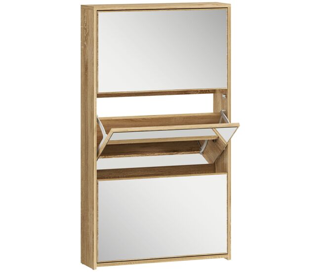 Homcom zapatero estrecho 3 puertas con espejo, zapatero entrada recibidor, para 9 pares de zapatos, para pasillo, espacios reducidos, 65x17x114,5 cm, natural