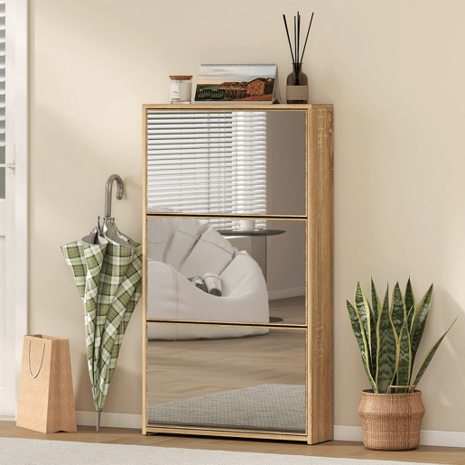 HOMCOM Sapateira Estreita 3 Portas com Espelho Sapateira para Entrada Corredor Para 9 Pares de Sapatos Para Corredor Espaços Reduzidos 65x17x114,5 cm Madeira