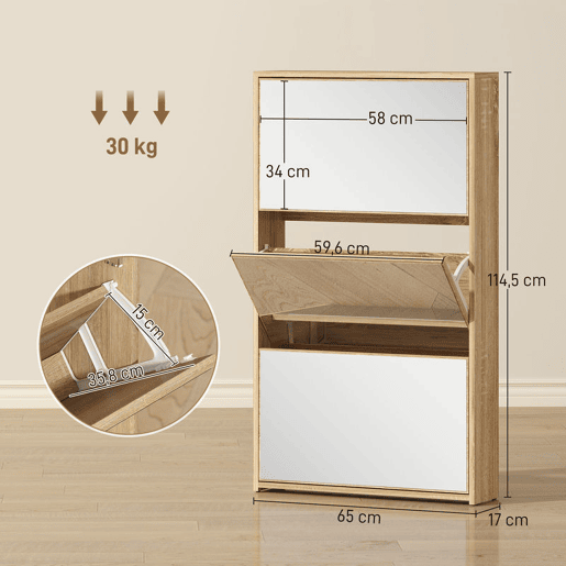 HOMCOM Sapateira Estreita 3 Portas com Espelho Sapateira para Entrada Corredor Para 9 Pares de Sapatos Para Corredor Espaços Reduzidos 65x17x114,5 cm Madeira