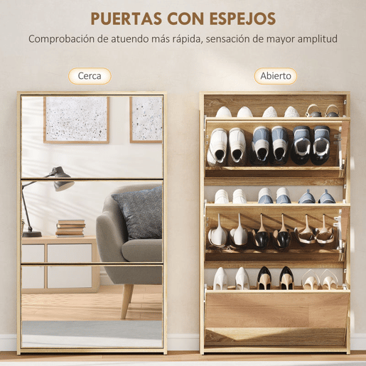 HOMCOM Sapateira Estreita 3 Portas com Espelho Sapateira para Entrada Corredor Para 9 Pares de Sapatos Para Corredor Espaços Reduzidos 65x17x114,5 cm Madeira