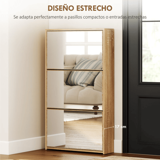 HOMCOM Sapateira Estreita 3 Portas com Espelho Sapateira para Entrada Corredor Para 9 Pares de Sapatos Para Corredor Espaços Reduzidos 65x17x114,5 cm Madeira