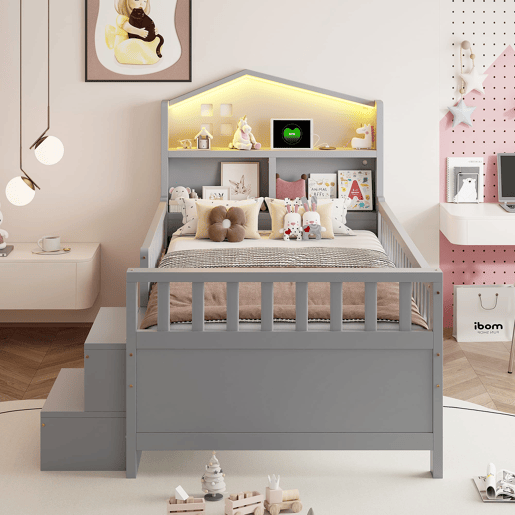 Cama infantil 90x200 cm - Com grade de segurança, 4 gavetas, degraus, luzes LED, portas USB e Tipo-C, com estrado, madeira maciça, cinza