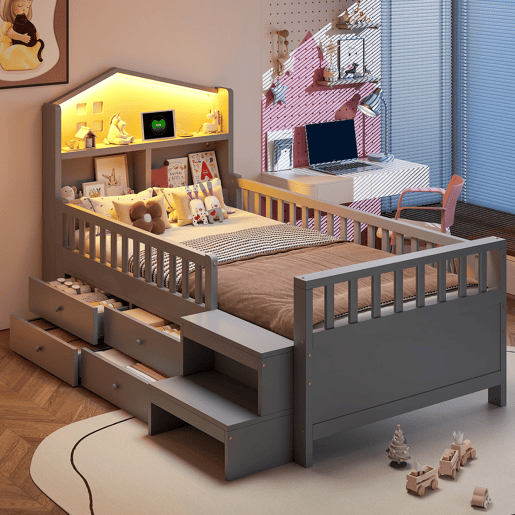 Cama infantil 90x200 cm - Com grade de segurança, 4 gavetas, degraus, luzes LED, portas USB e Tipo-C, com estrado, madeira maciça, cinza
