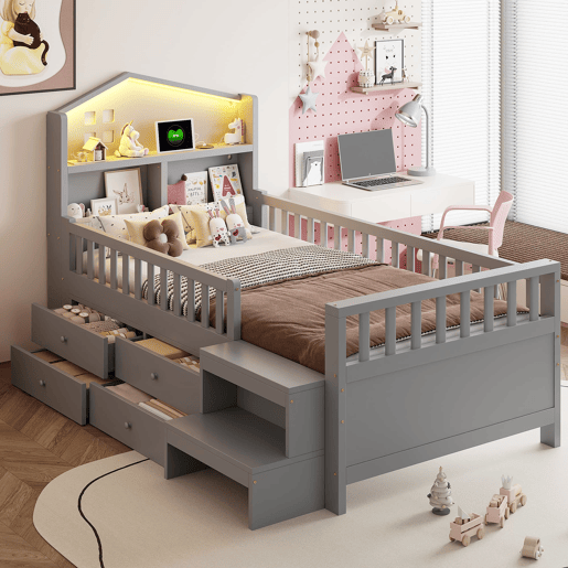 Cama infantil 90x200 cm - Com grade de segurança, 4 gavetas, degraus, luzes LED, portas USB e Tipo-C, com estrado, madeira maciça, cinza