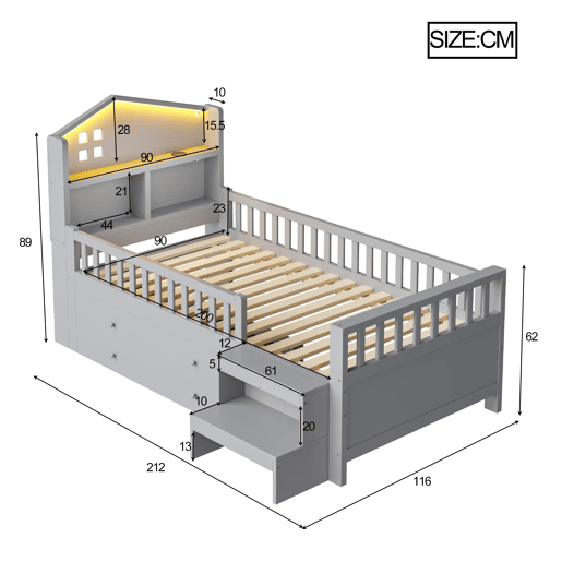 Cama infantil 90x200 cm - Com grade de segurança, 4 gavetas, degraus, luzes LED, portas USB e Tipo-C, com estrado, madeira maciça, cinza