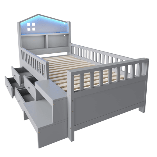 Cama infantil 90x200 cm - Com grade de segurança, 4 gavetas, degraus, luzes LED, portas USB e Tipo-C, com estrado, madeira maciça, cinza