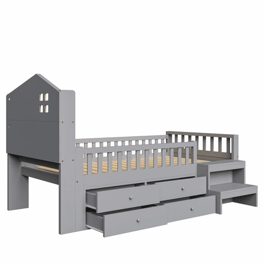 Cama infantil 90x200 cm - Com grade de segurança, 4 gavetas, degraus, luzes LED, portas USB e Tipo-C, com estrado, madeira maciça, cinza