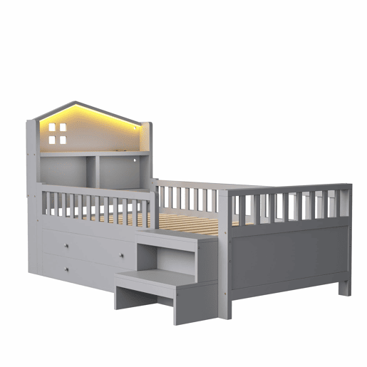 Cama infantil 90x200 cm - Com grade de segurança, 4 gavetas, degraus, luzes LED, portas USB e Tipo-C, com estrado, madeira maciça, cinza