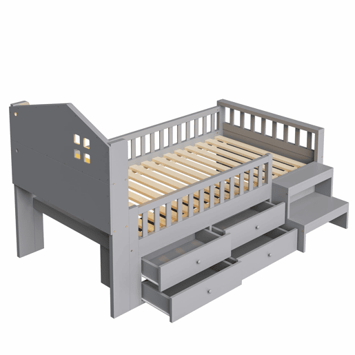 Cama infantil 90x200 cm - Com grade de segurança, 4 gavetas, degraus, luzes LED, portas USB e Tipo-C, com estrado, madeira maciça, cinza