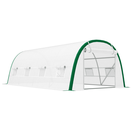 Outsunny Estufa de Exterior 6x3x2 m Estufa de Túnel com Porta Enrolável 8 Janelas com Rede Cobertura PE 140gm² Estrutura em Aço Galvanizado para Cultivos Plantas Flores Branco