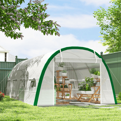 Outsunny Estufa de Exterior 6x3x2 m Estufa de Túnel com Porta Enrolável 8 Janelas com Rede Cobertura PE 140gm² Estrutura em Aço Galvanizado para Cultivos Plantas Flores Branco