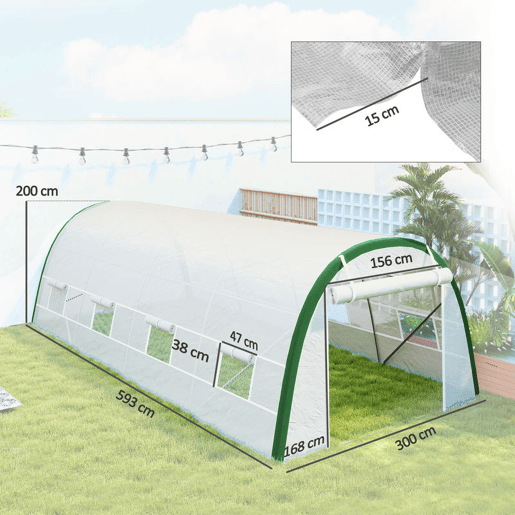 Outsunny Estufa de Exterior 6x3x2 m Estufa de Túnel com Porta Enrolável 8 Janelas com Rede Cobertura PE 140gm² Estrutura em Aço Galvanizado para Cultivos Plantas Flores Branco