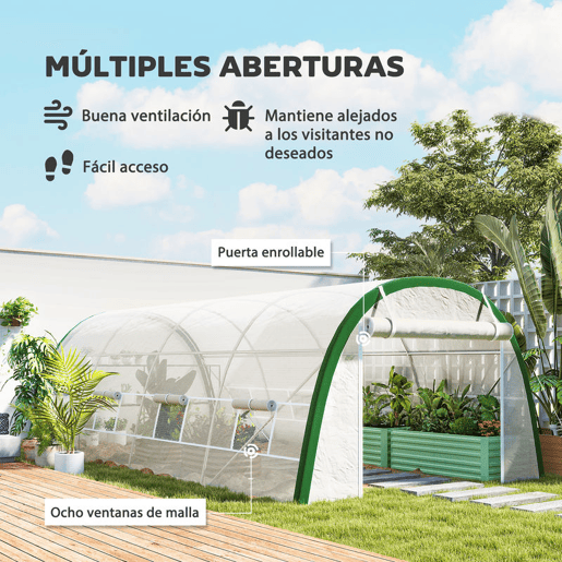 Outsunny Estufa de Exterior 6x3x2 m Estufa de Túnel com Porta Enrolável 8 Janelas com Rede Cobertura PE 140gm² Estrutura em Aço Galvanizado para Cultivos Plantas Flores Branco