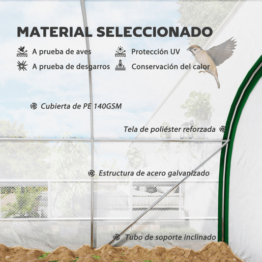 Outsunny Estufa de Exterior 6x3x2 m Estufa de Túnel com Porta Enrolável 8 Janelas com Rede Cobertura PE 140gm² Estrutura em Aço Galvanizado para Cultivos Plantas Flores Branco