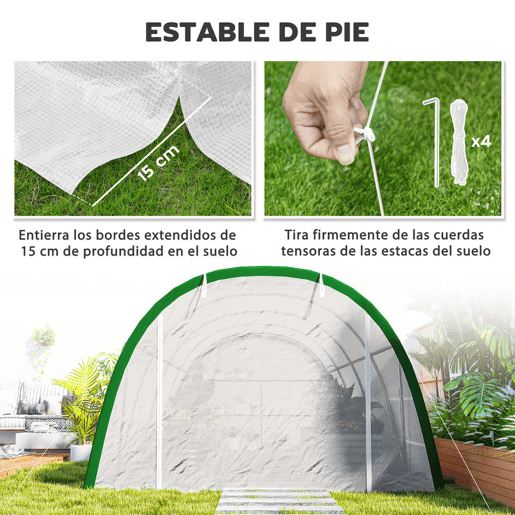 Outsunny Estufa de Exterior 6x3x2 m Estufa de Túnel com Porta Enrolável 8 Janelas com Rede Cobertura PE 140gm² Estrutura em Aço Galvanizado para Cultivos Plantas Flores Branco