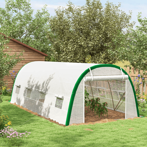 Outsunny Estufa de Exterior 6x3x2 m Estufa de Túnel com Porta Enrolável 8 Janelas com Rede Cobertura PE 140gm² Estrutura em Aço Galvanizado para Cultivos Plantas Flores Branco
