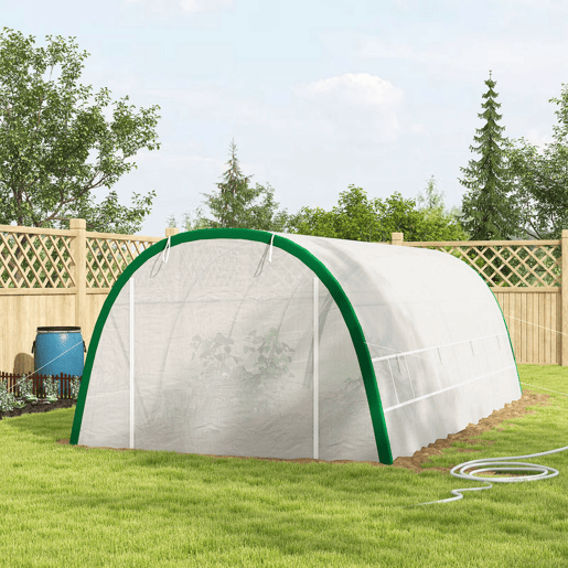 Outsunny Estufa de Exterior 6x3x2 m Estufa de Túnel com Porta Enrolável 8 Janelas com Rede Cobertura PE 140gm² Estrutura em Aço Galvanizado para Cultivos Plantas Flores Branco