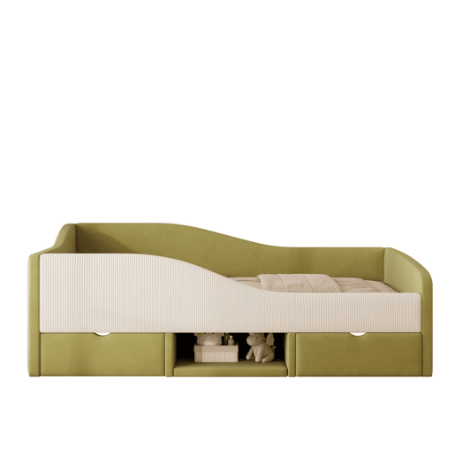Cama multifuncional 90x190 cm - Com duas gavetas e barreiras - Verde escuro + Creme