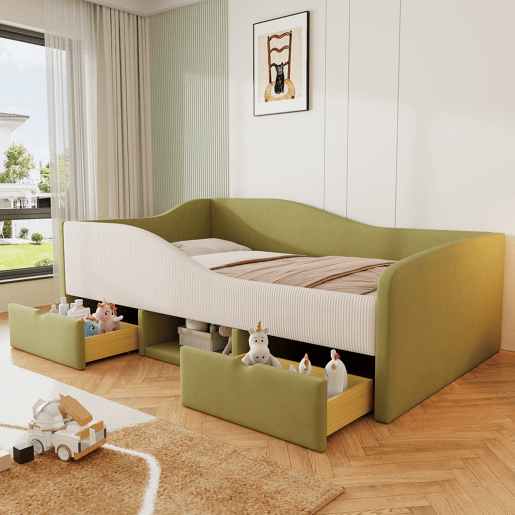 Cama multifuncional 90x190 cm - Com duas gavetas e barreiras - Verde escuro + Creme